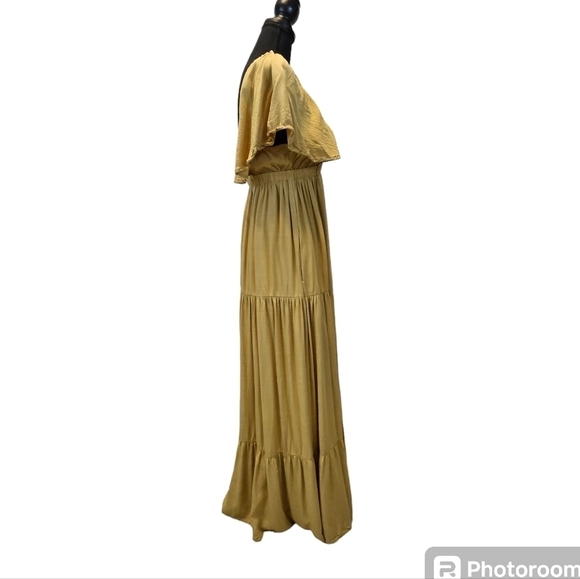 Wishlist Apparel Mustard Deep V-neck 100% Rayon Tiered Swing Maxi Dress Size S - Picture 5 of 14